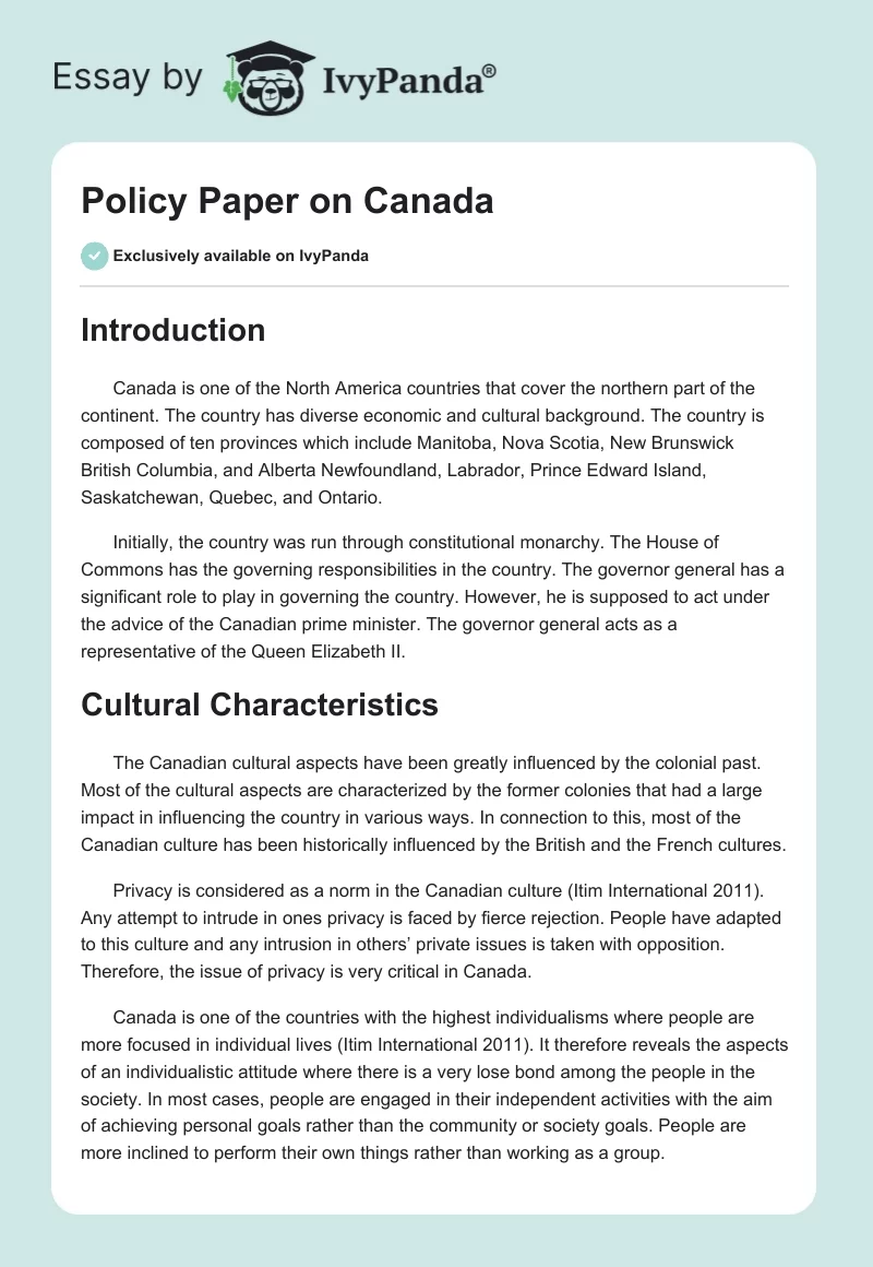 Policy Paper on Canada. Page 1