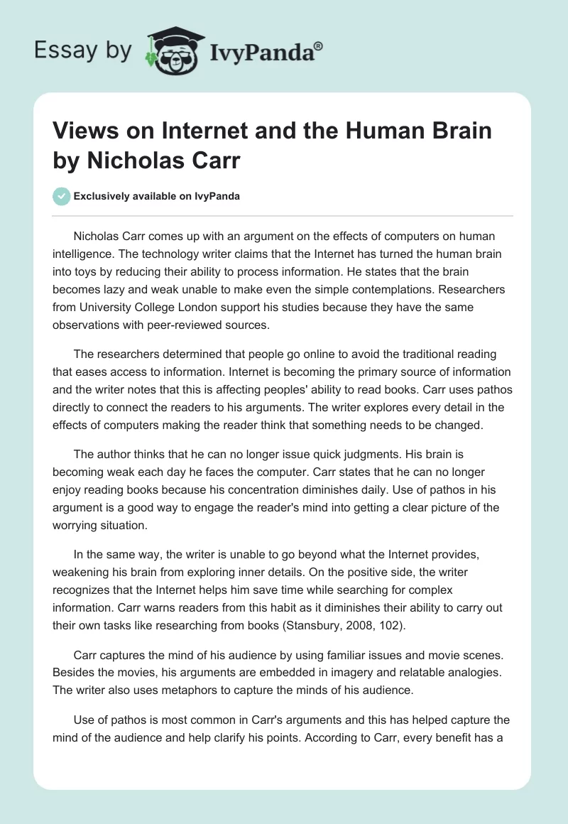 Views on Internet and the Human Brain by Nicholas Carr. Page 1