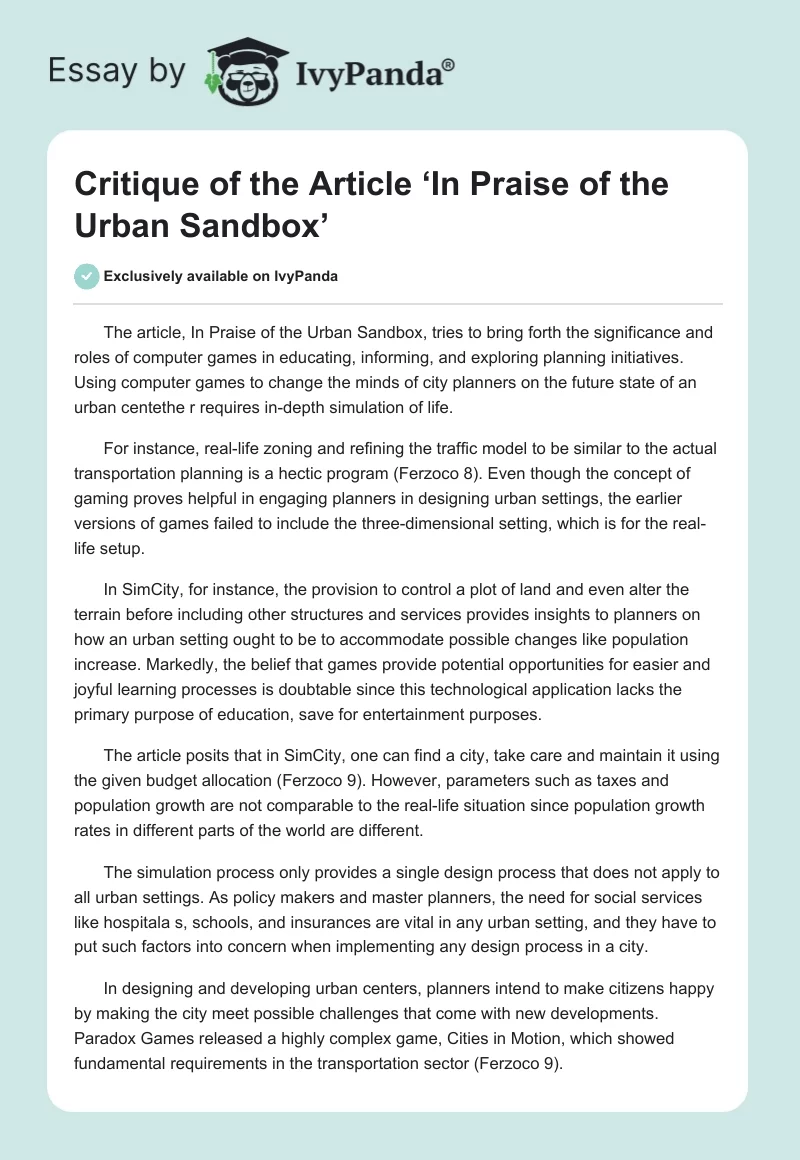 Critique of the Article ‘In Praise of the Urban Sandbox’. Page 1