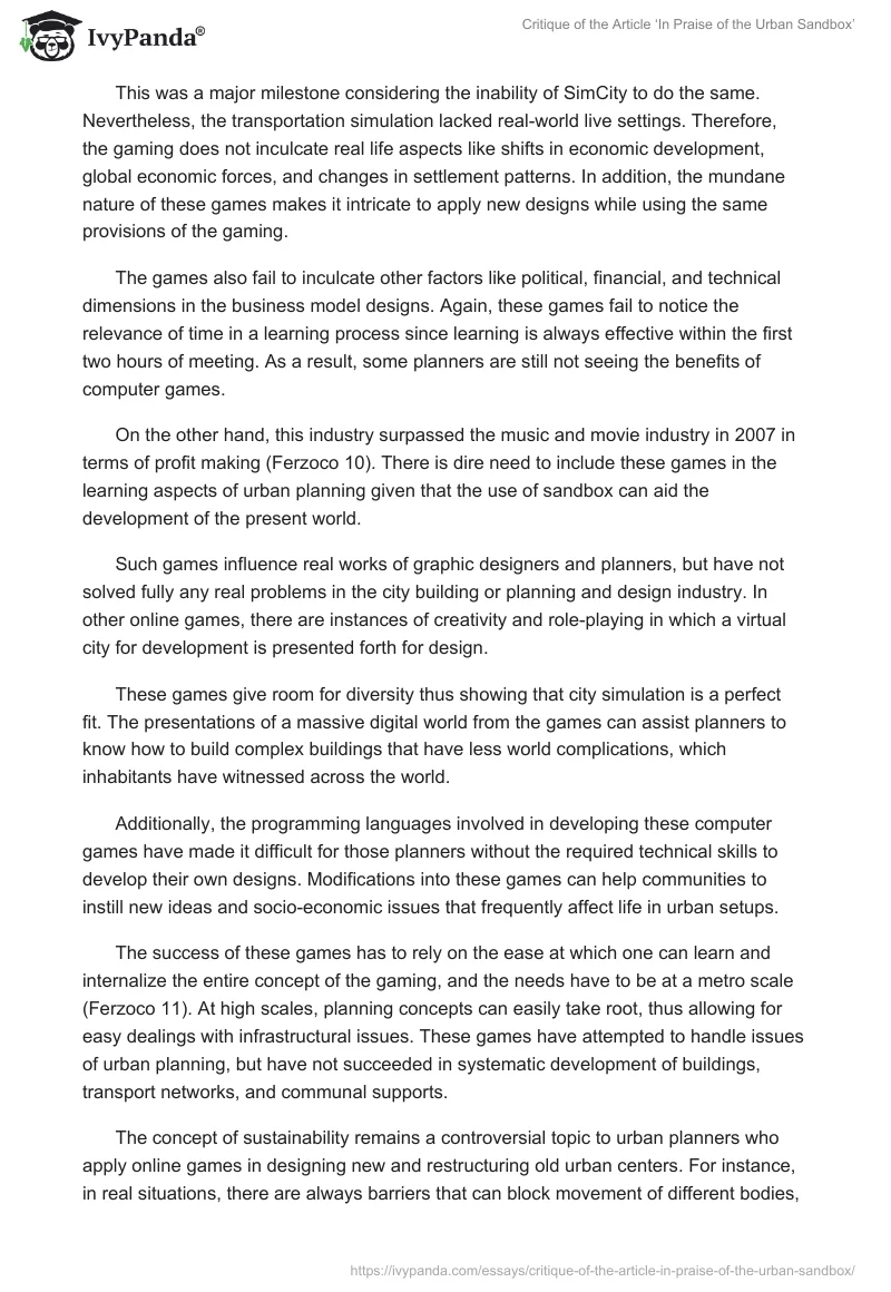 Critique of the Article ‘In Praise of the Urban Sandbox’. Page 2