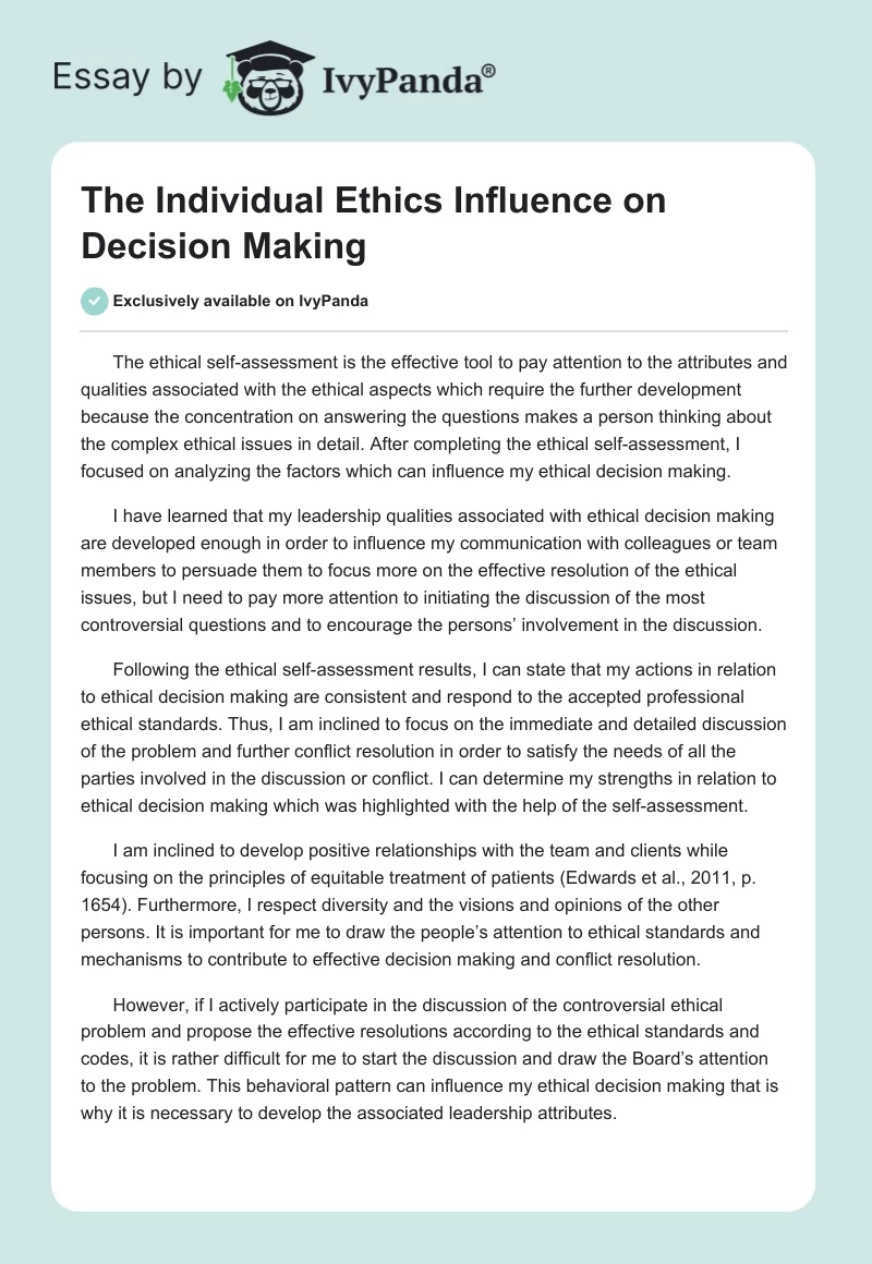 The Individual Ethics Influence on Decision Making. Page 1