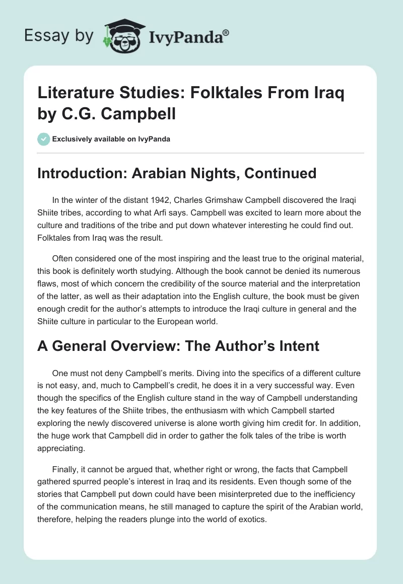 Literature Studies: Folktales From Iraq by C.G. Campbell. Page 1