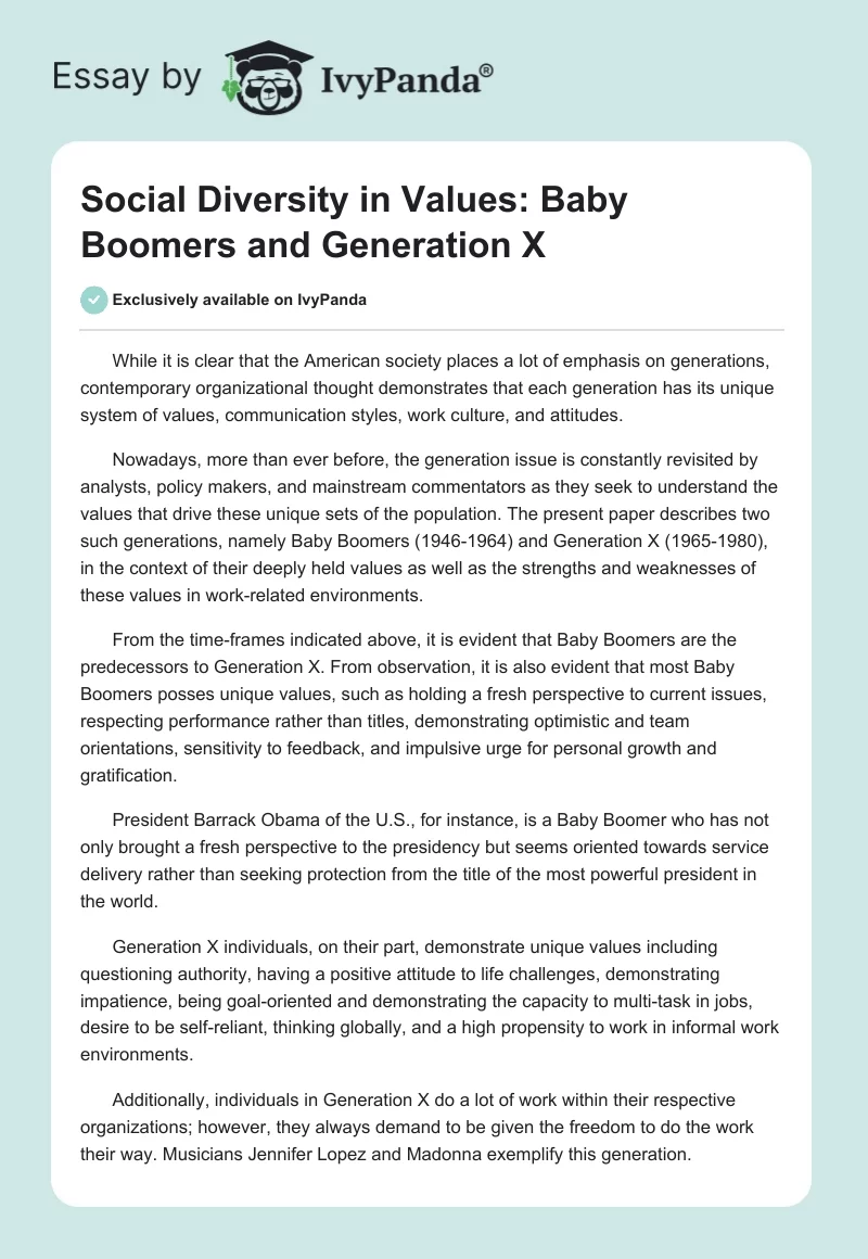 Social Diversity in Values: Baby Boomers and Generation X. Page 1