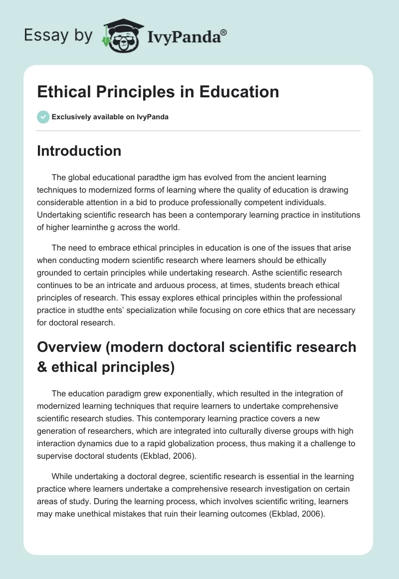 Ethical Principles in Education. Page 1