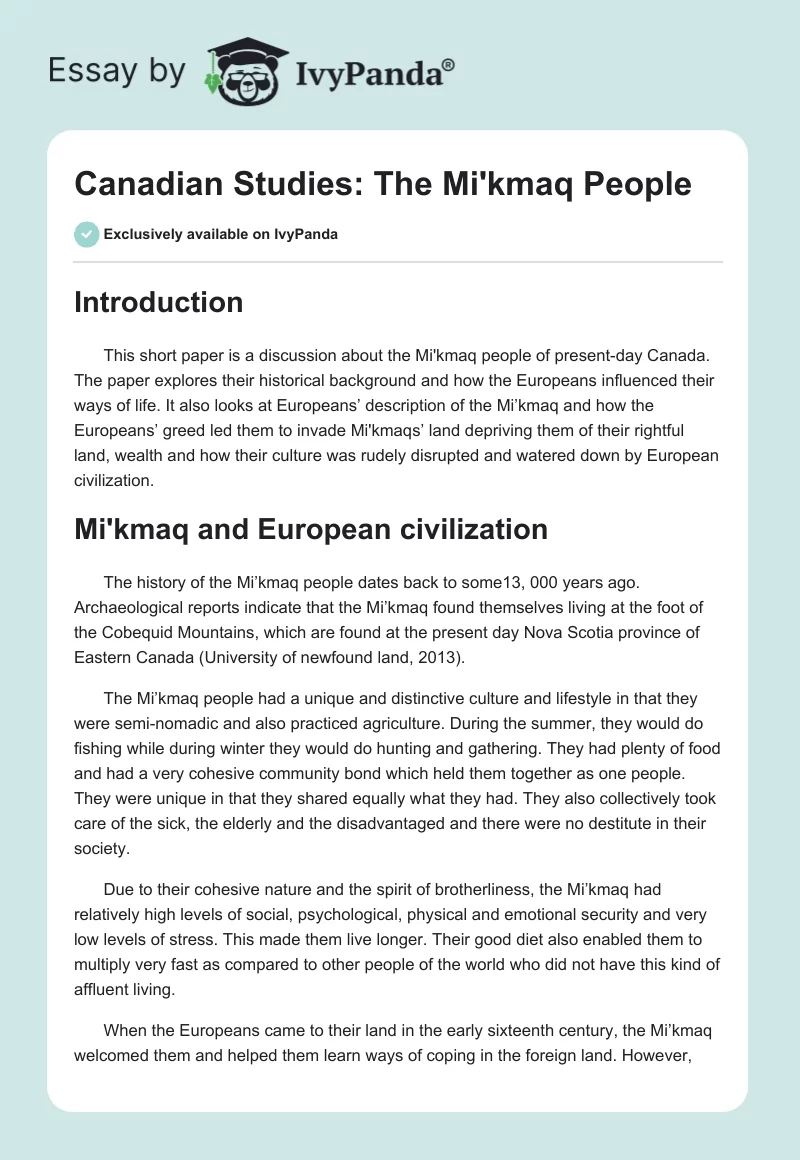 Canadian Studies: The Mi'kmaq People. Page 1