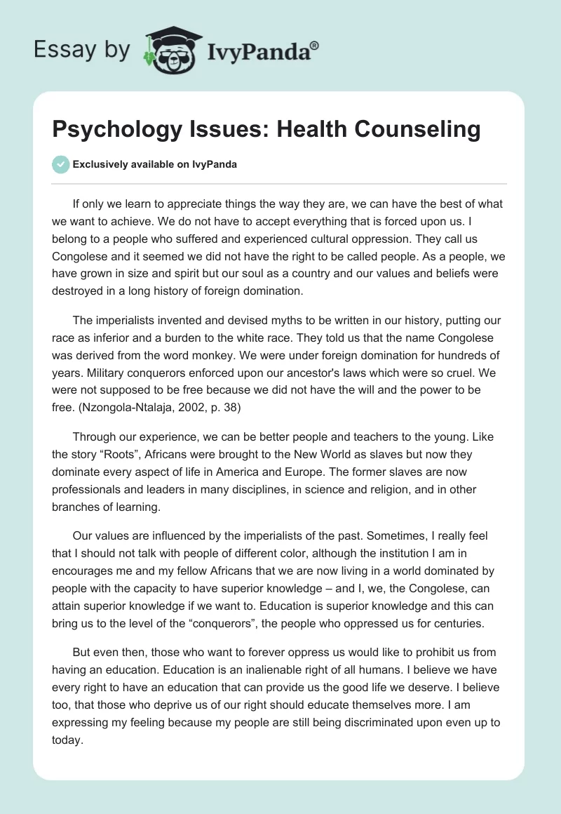 Psychology Issues: Health Counseling. Page 1