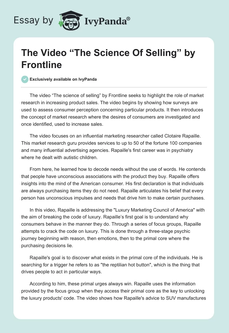 The Video “The Science Of Selling” by Frontline. Page 1