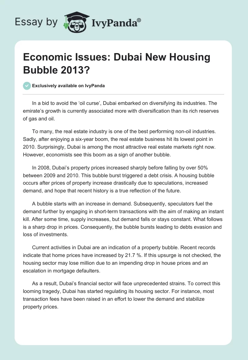 Economic Issues: Dubai New Housing Bubble 2013?. Page 1