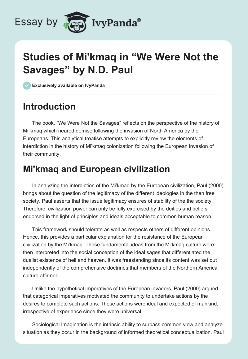 Studies of Mi'kmaq in “We Were Not the Savages” by N.D. Paul. Page 1