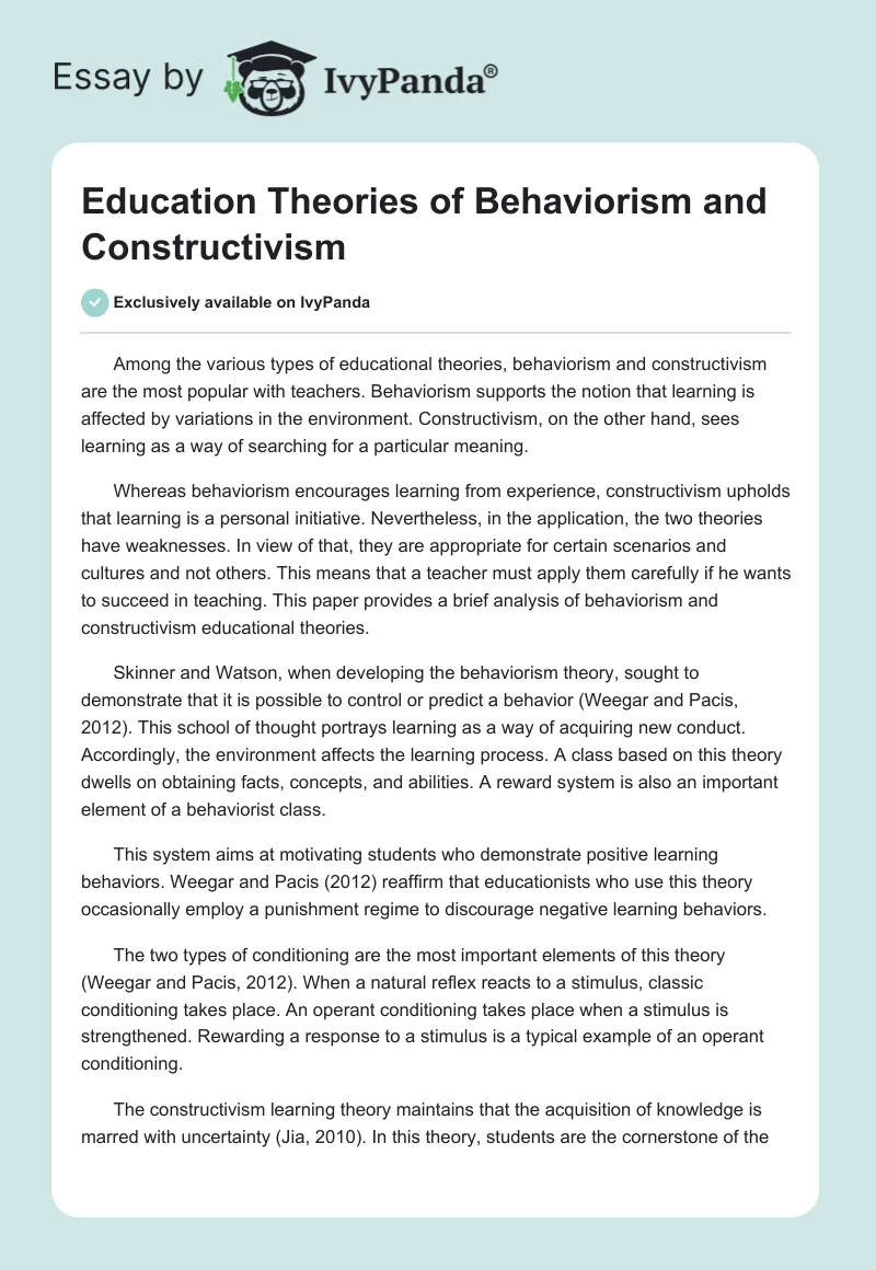 Education Theories of Behaviorism and Constructivism. Page 1