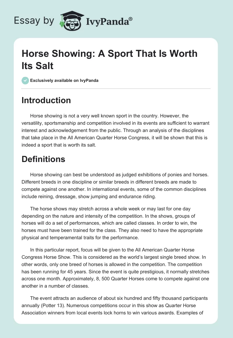 Horse Showing: A Sport That Is Worth Its Salt. Page 1