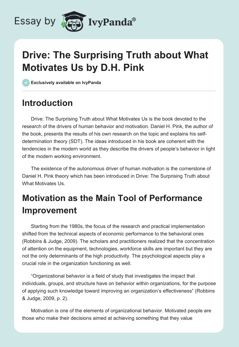 Drive: The Surprising Truth about What Motivates Us by D.H. Pink. Page 1