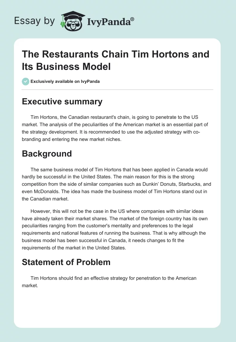 The Restaurants Chain Tim Hortons and Its Business Model. Page 1