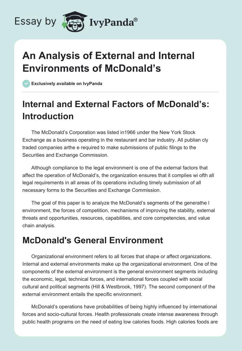 An Analysis of External and Internal Environments of McDonald’s. Page 1