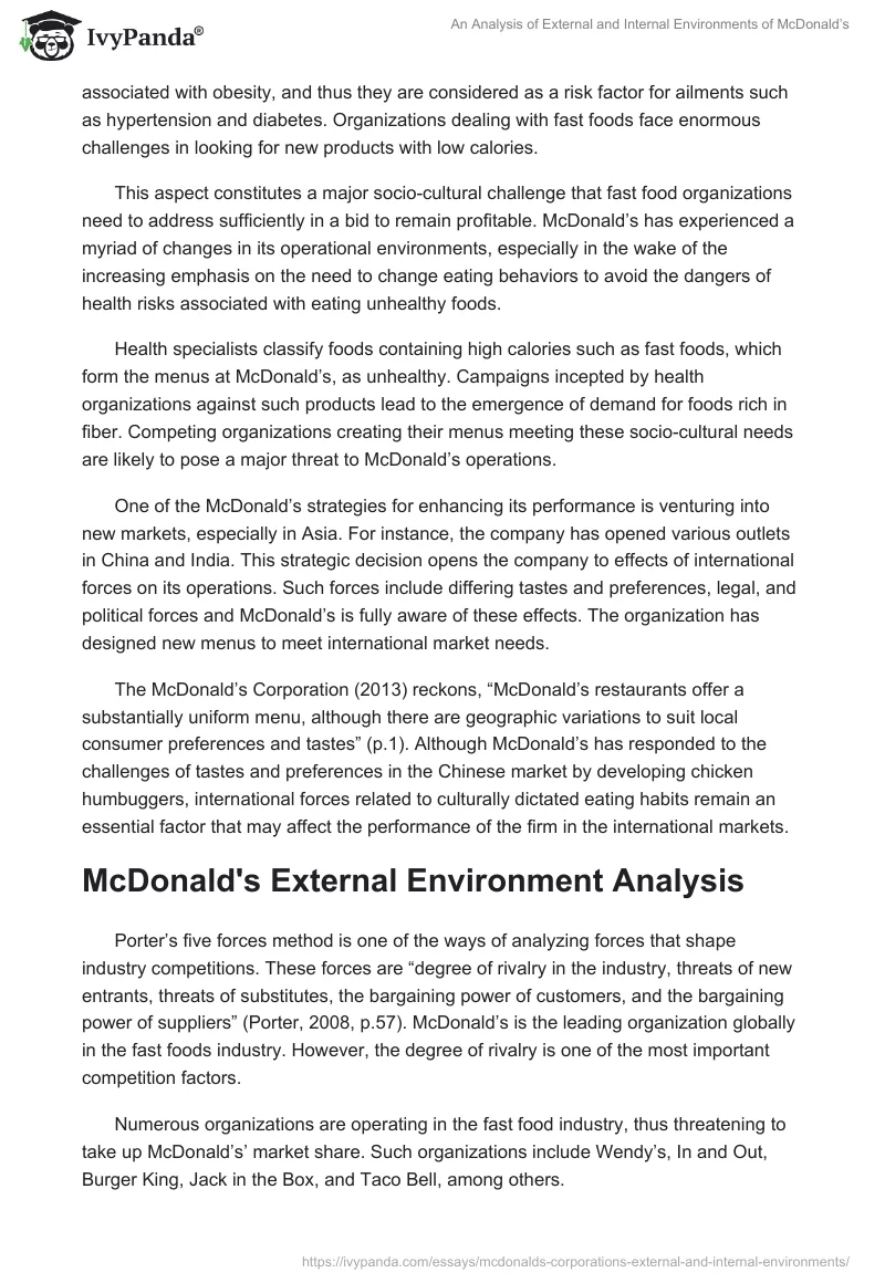An Analysis of External and Internal Environments of McDonald’s. Page 2