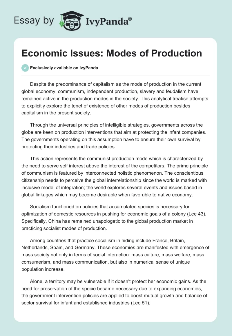 Economic Issues: Modes of Production. Page 1