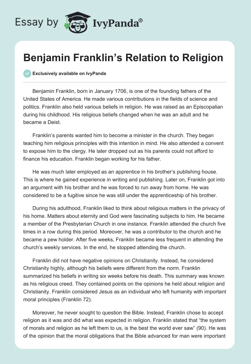 Benjamin Franklin’s Relation to Religion. Page 1