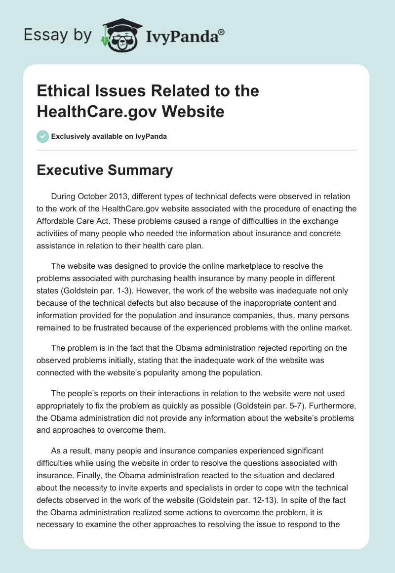 Ethical Issues Related to the HealthCare.gov Website. Page 1