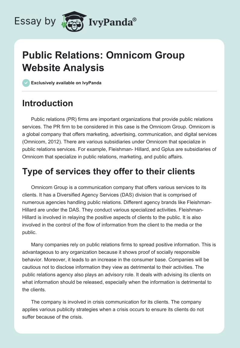Public Relations: Omnicom Group Website Analysis. Page 1