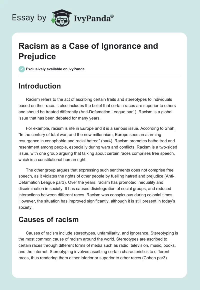 Racism as a Case of Ignorance and Prejudice. Page 1