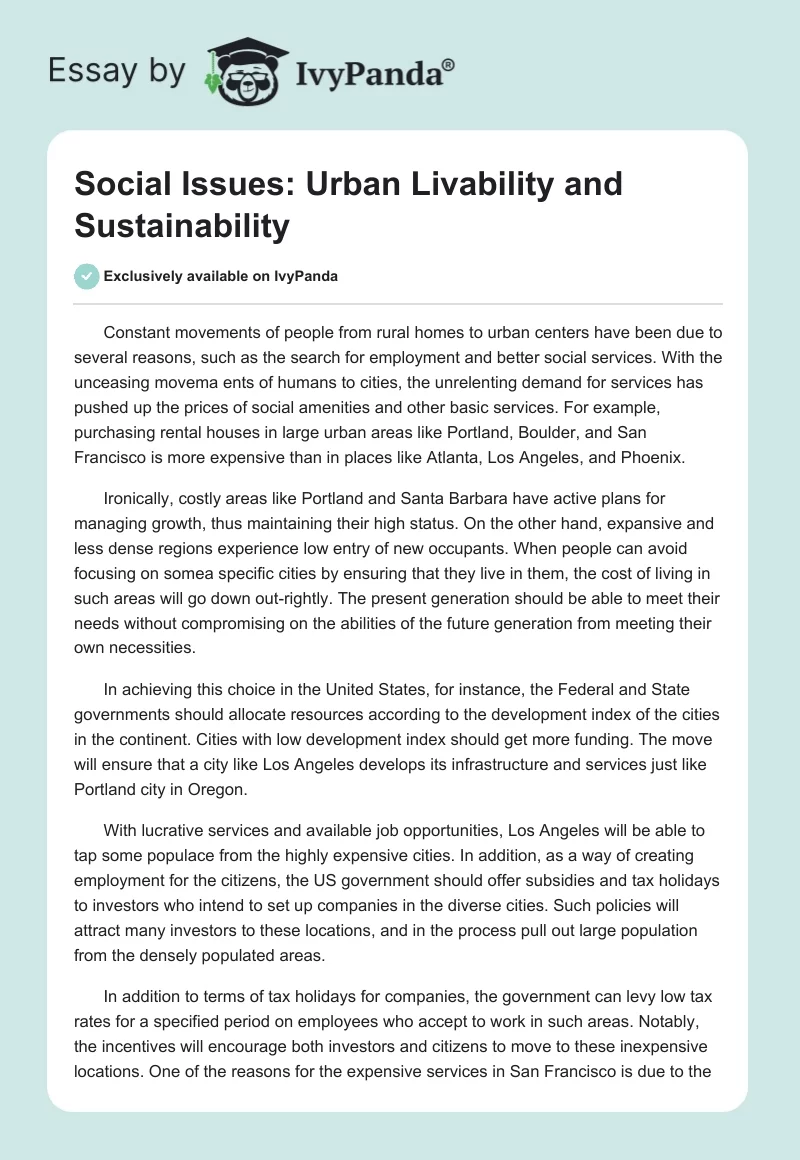 Social Issues: Urban Livability and Sustainability. Page 1