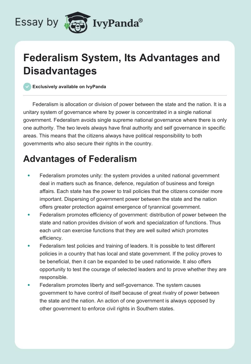 Federalism System, Its Advantages and Disadvantages. Page 1