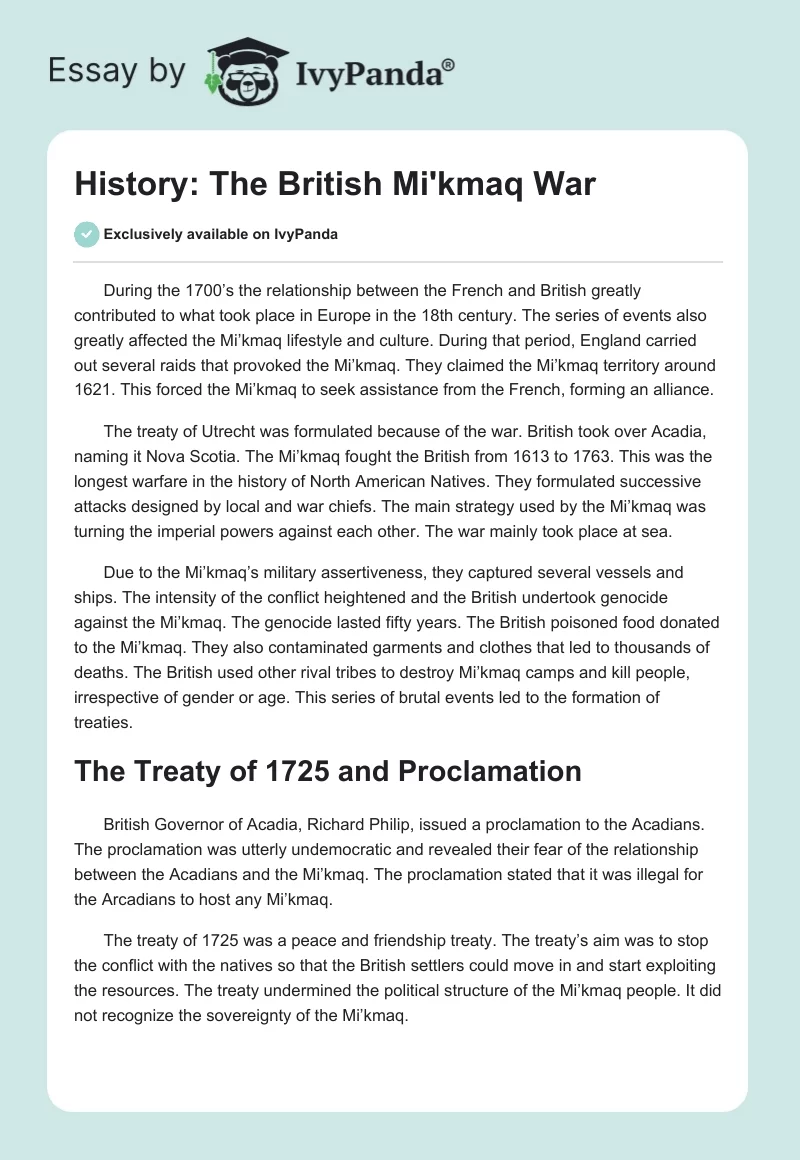 History: The British Mi'kmaq War. Page 1