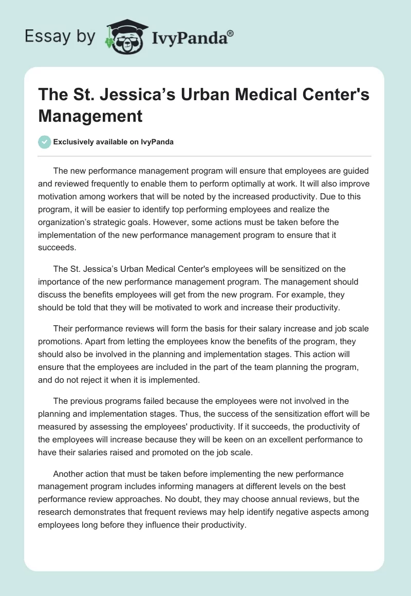 The St. Jessica’s Urban Medical Center's Management. Page 1