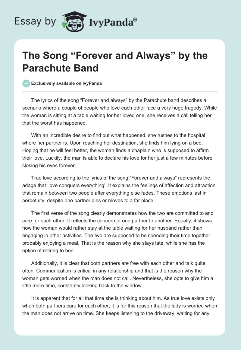 The Song “Forever and Always” by the Parachute Band. Page 1