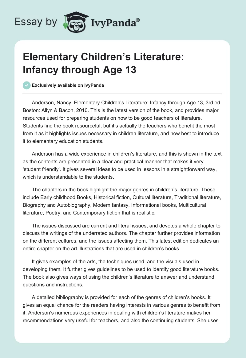 Elementary Children’s Literature: Infancy through Age 13. Page 1