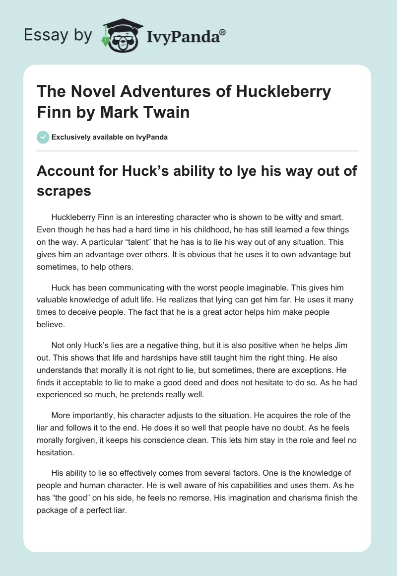 The Novel "Adventures of Huckleberry Finn" by Mark Twain. Page 1