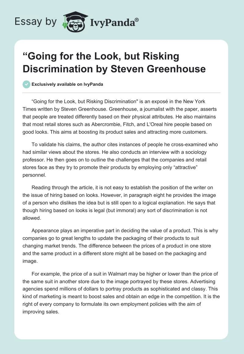 “Going for the Look, but Risking Discrimination" by Steven Greenhouse. Page 1