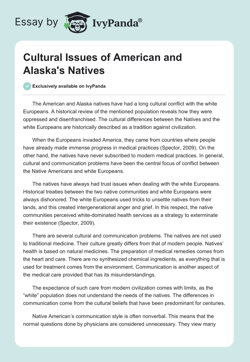 Cultural Issues of American and Alaska's Natives. Page 1