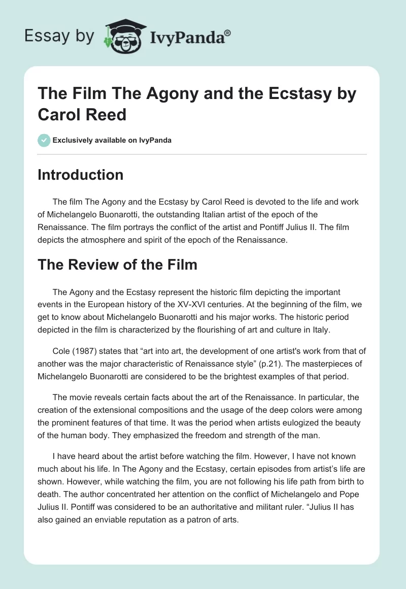 The Film "The Agony and the Ecstasy" by Carol Reed. Page 1