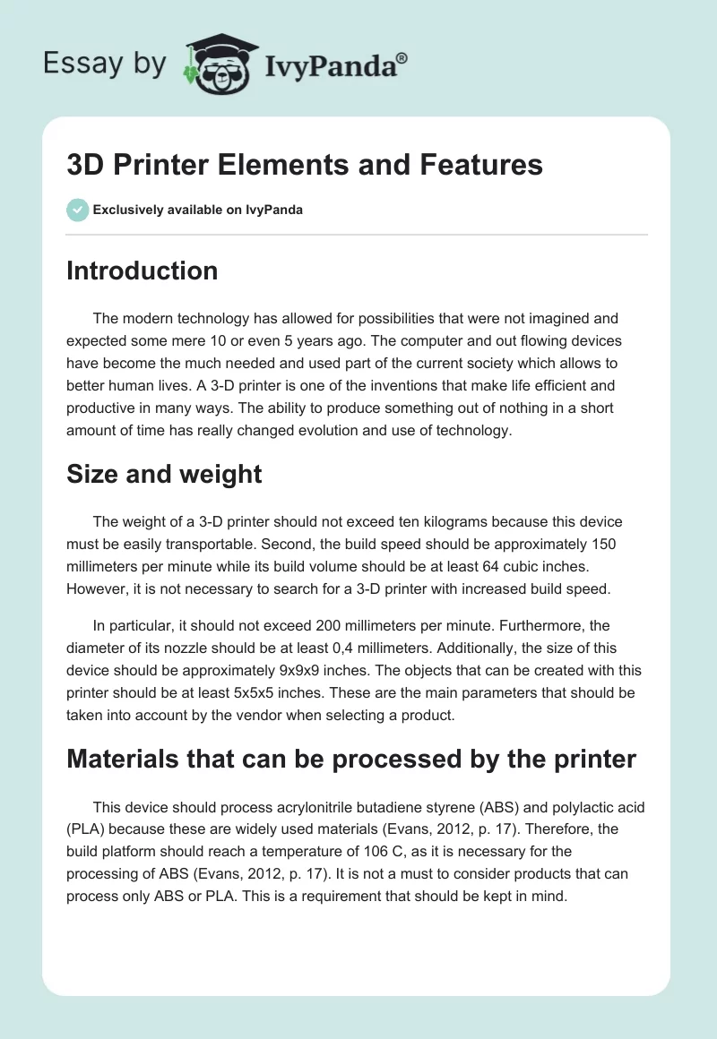 3D Printer Elements and Features. Page 1
