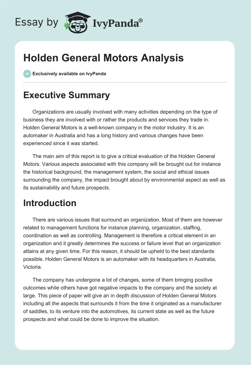 Holden General Motors Analysis. Page 1