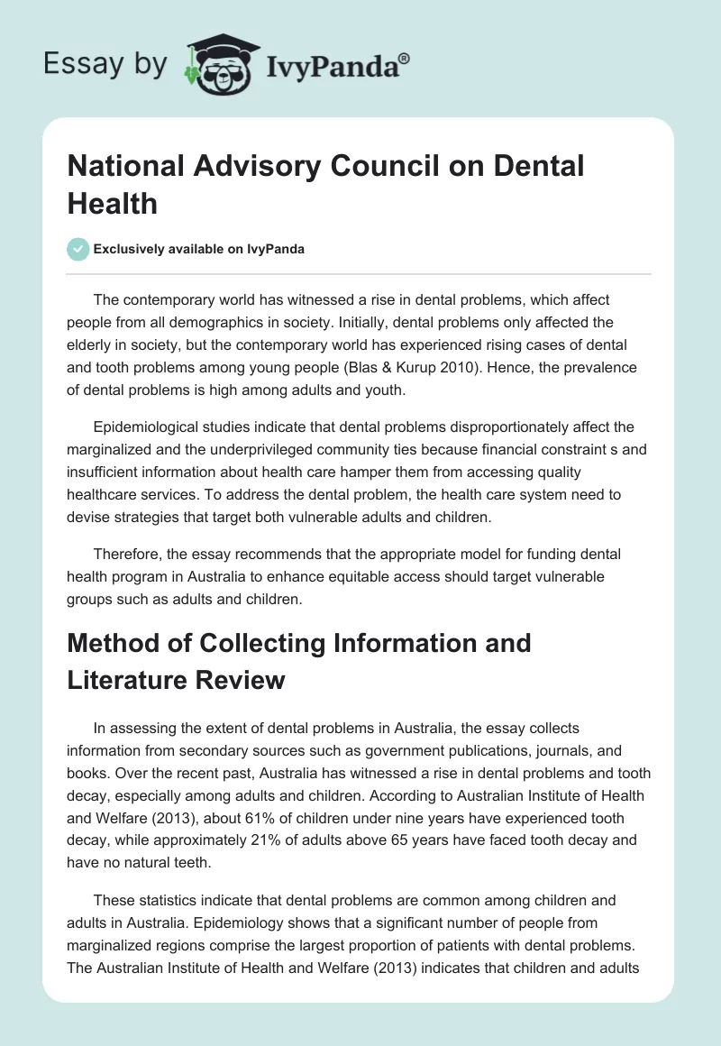 National Advisory Council on Dental Health. Page 1