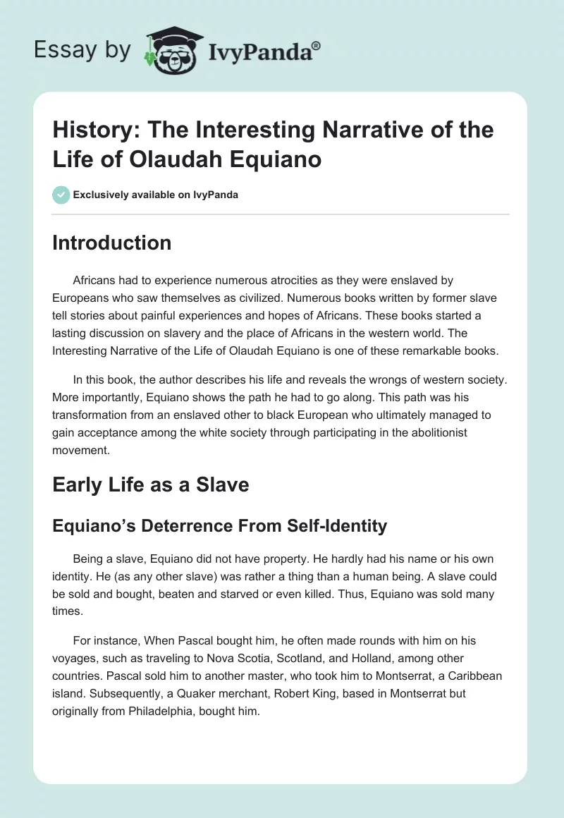 History: "The Interesting Narrative of the Life of Olaudah Equiano". Page 1