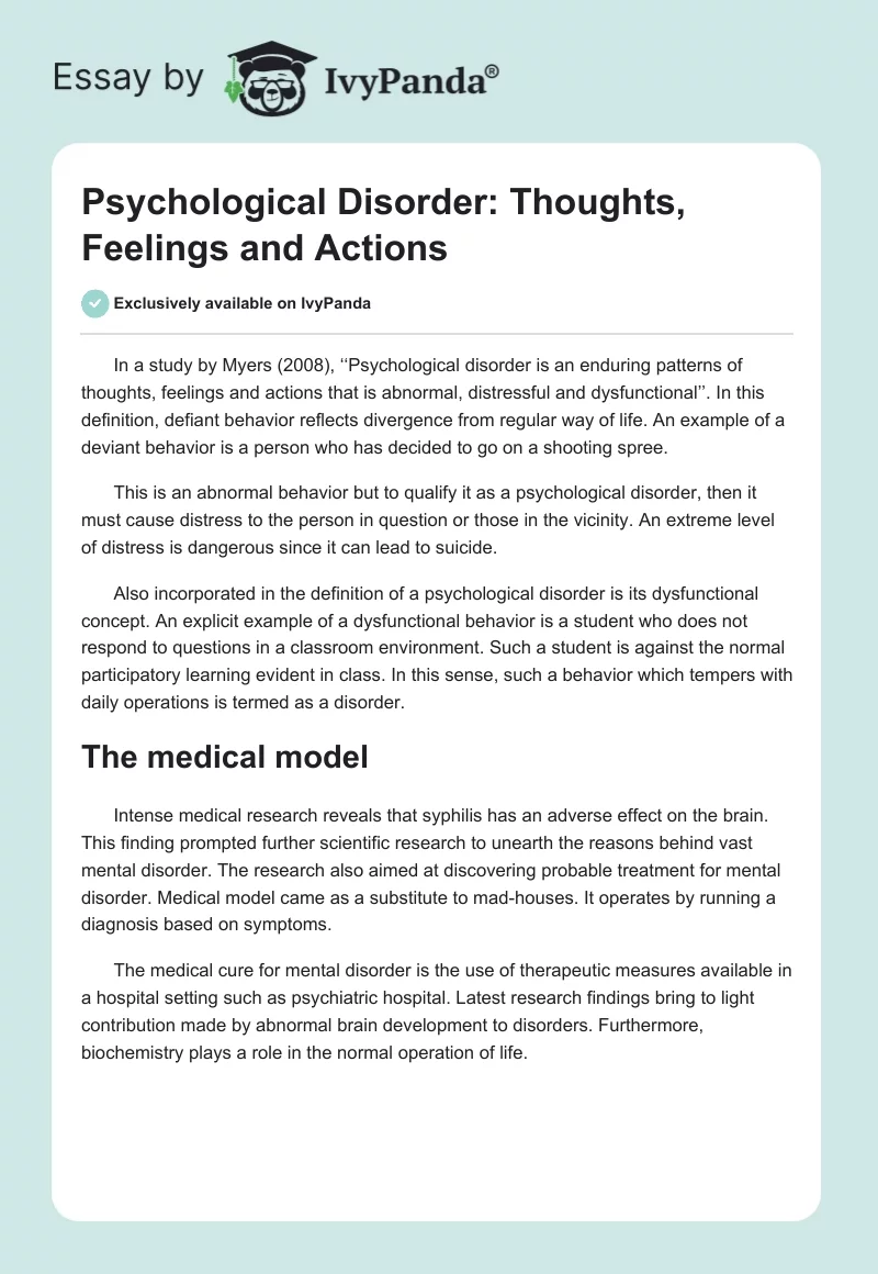 Psychological Disorder: Thoughts, Feelings and Actions. Page 1