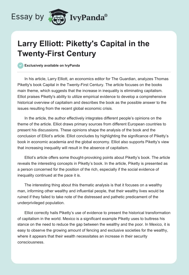 Larry Elliott: Piketty's Capital in the Twenty-First Century. Page 1