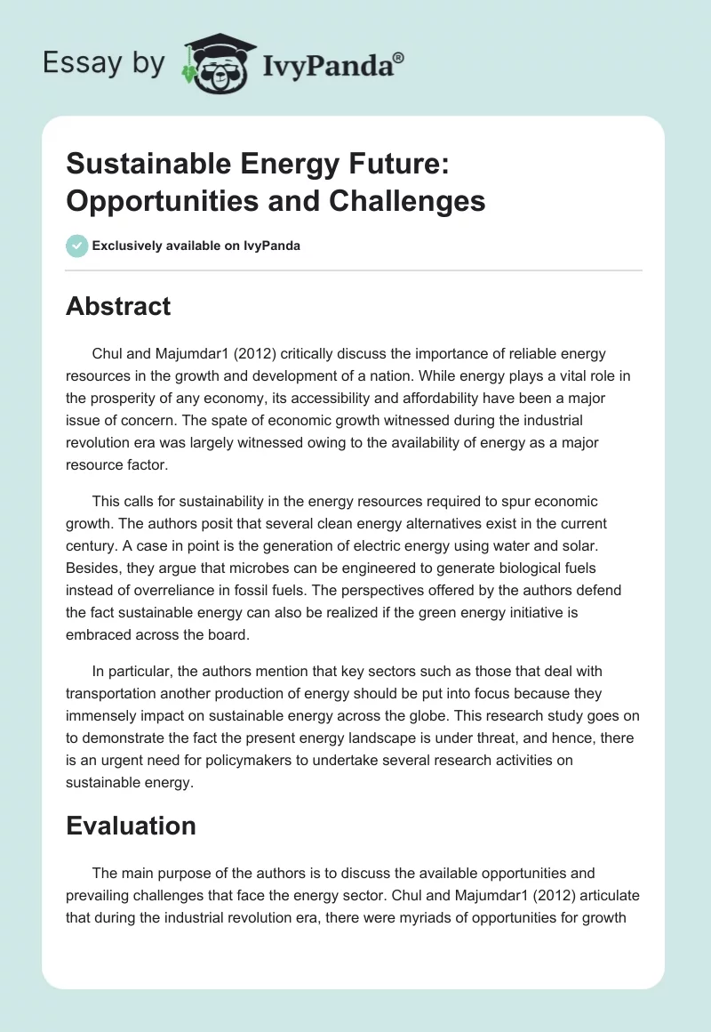 Sustainable Energy Future: Opportunities and Challenges. Page 1