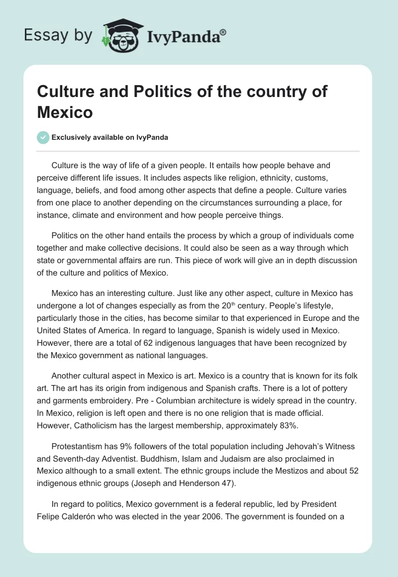 Culture and Politics of the Country of Mexico. Page 1