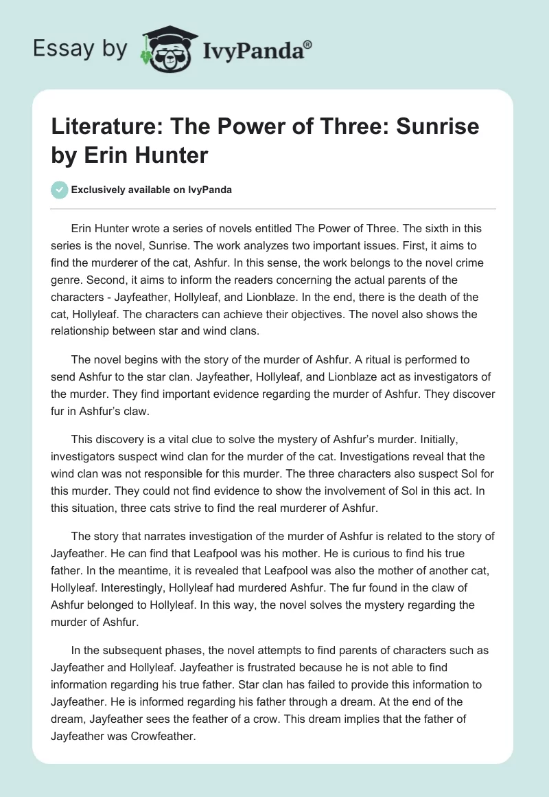 Literature: "The Power of Three: Sunrise" by Erin Hunter. Page 1
