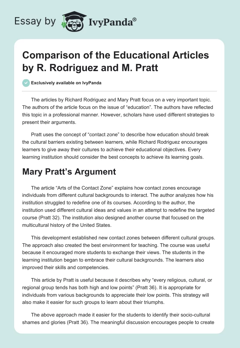 Comparison of the Educational Articles by R. Rodriguez and M. Pratt. Page 1