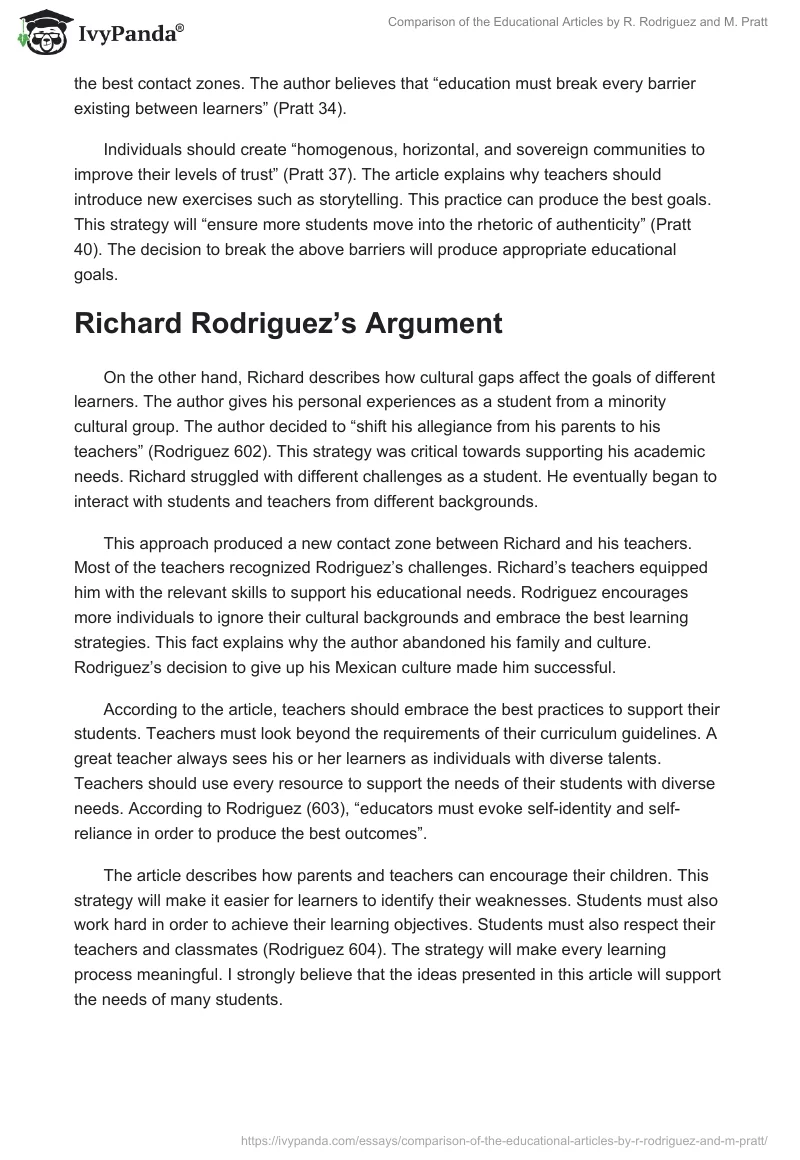 Comparison of the Educational Articles by R. Rodriguez and M. Pratt. Page 2