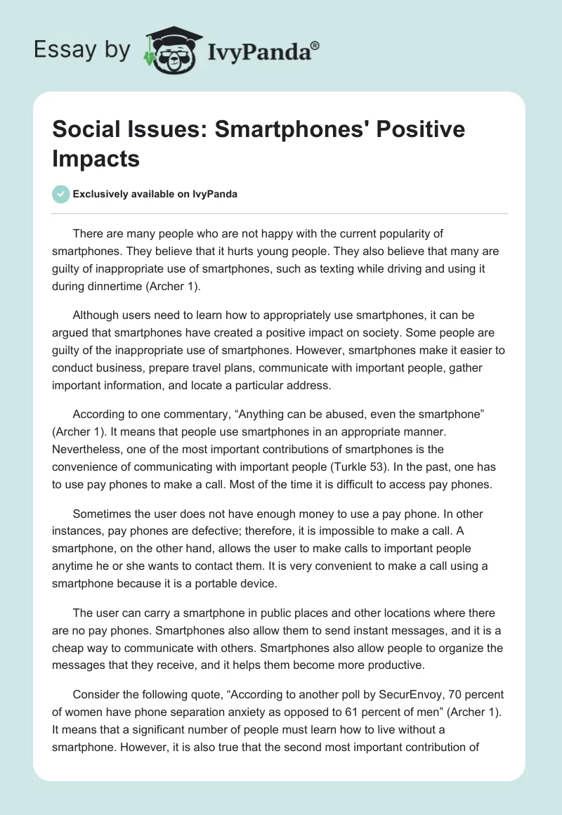 Social Issues: Smartphones' Positive Impacts. Page 1