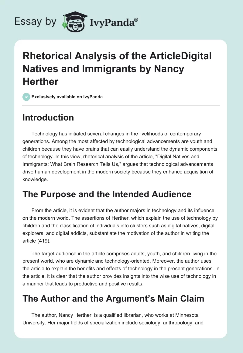Rhetorical Analysis of the Article"Digital Natives and Immigrants" by Nancy Herther. Page 1