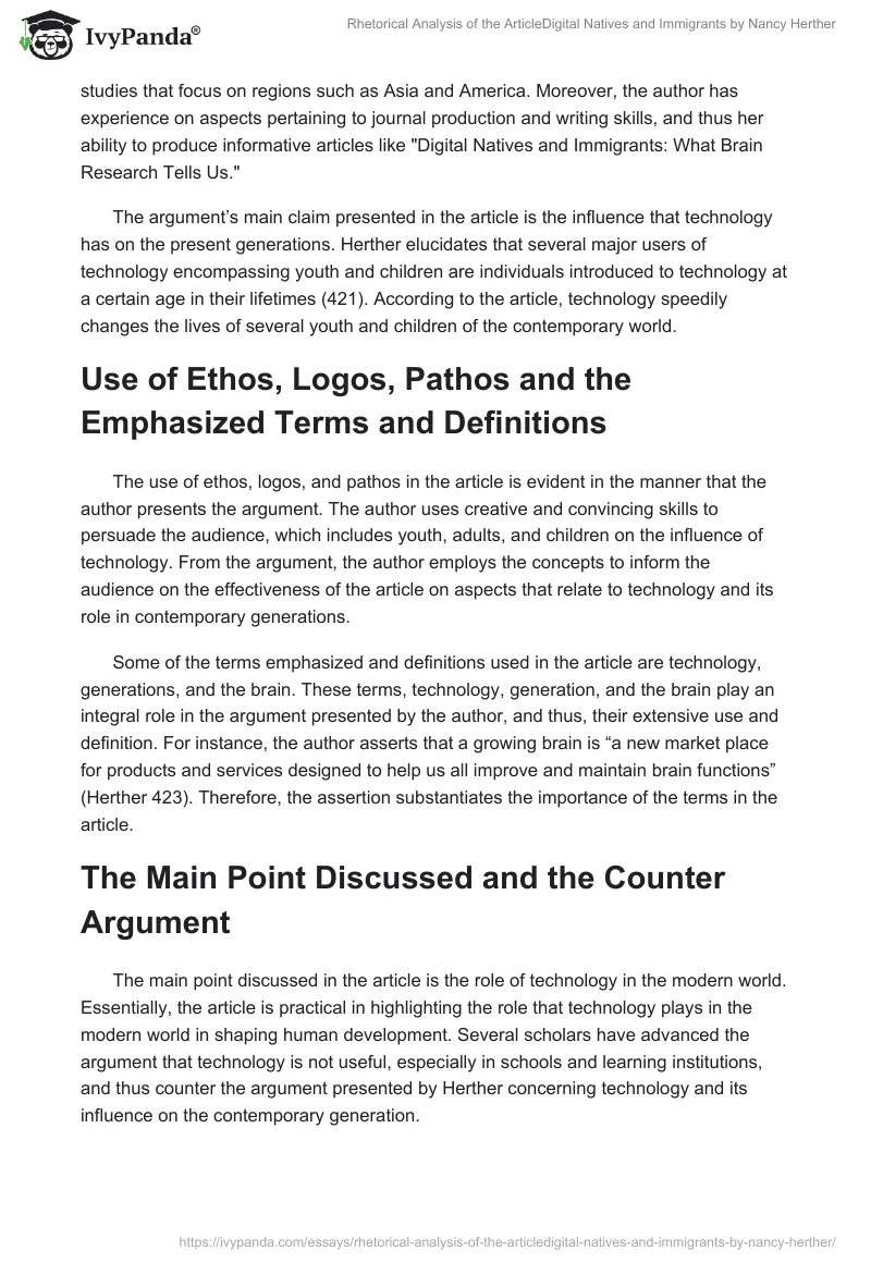 Rhetorical Analysis of the Article"Digital Natives and Immigrants" by Nancy Herther. Page 2