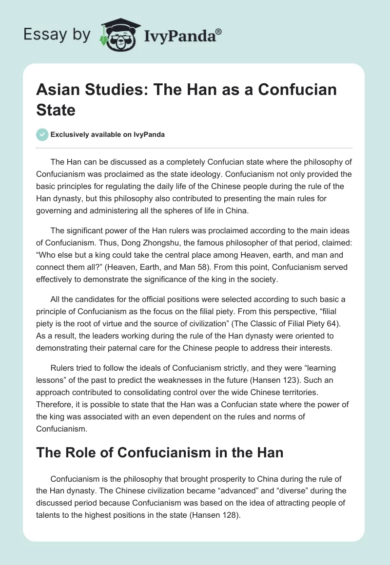 Asian Studies: The Han as a Confucian State. Page 1