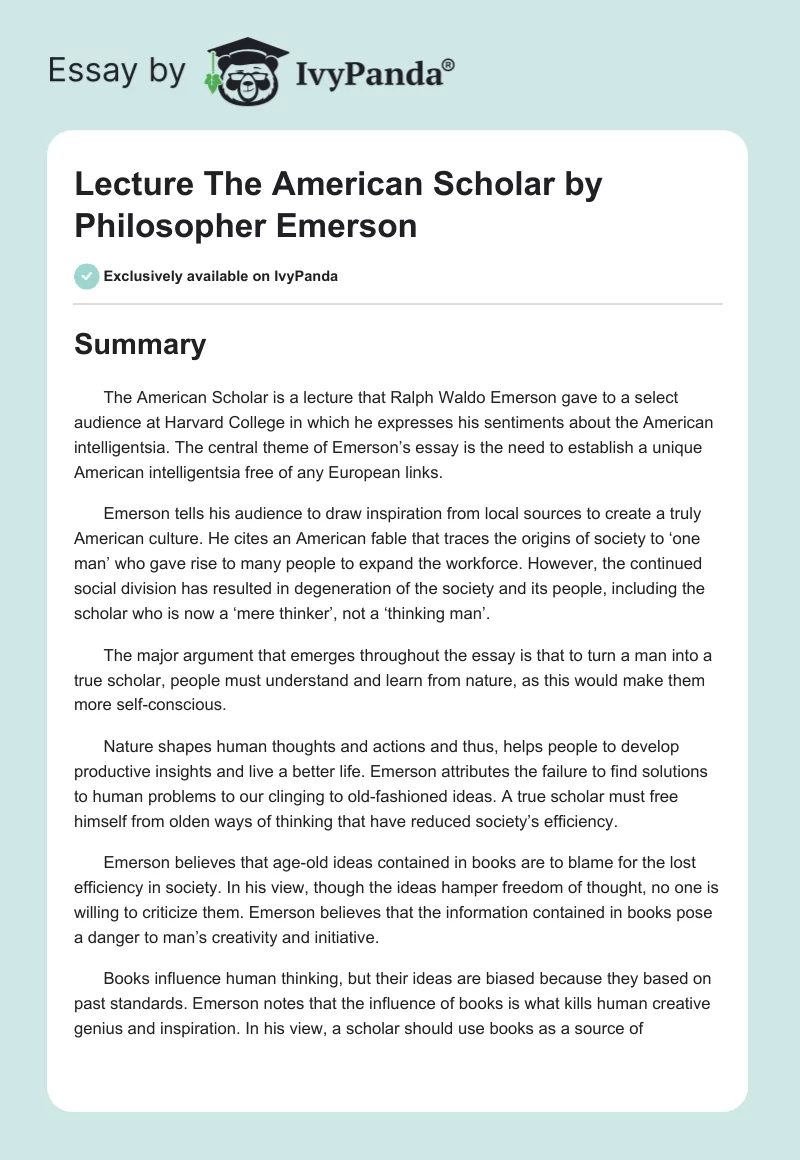 Lecture "The American Scholar" by Philosopher Emerson. Page 1
